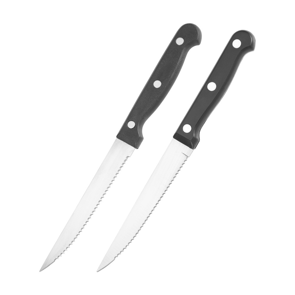 In-stock cross-border Amazon stainless steel serrated knife, fruit knife, barbecue meat slicer, mirror light steak knife, plastic-handled steak Item Picture