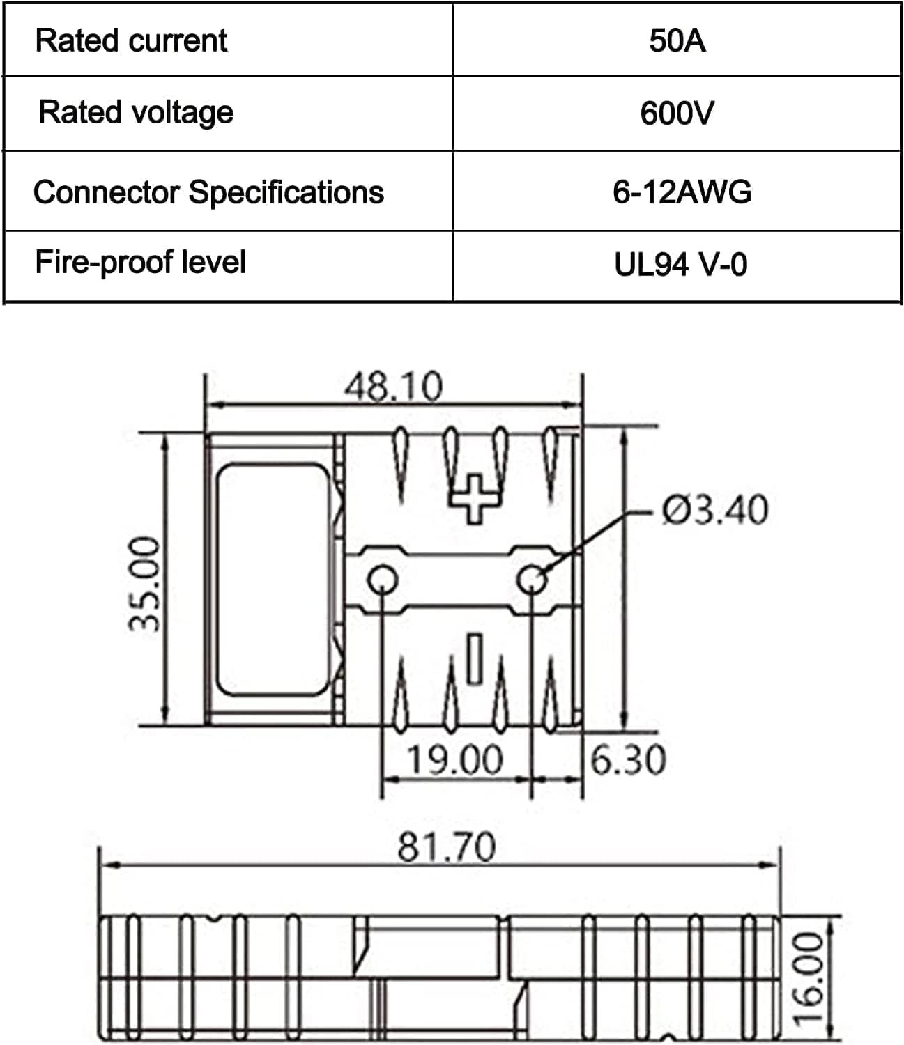 HISports Batterieanschluss 50 A Stecker, AWG 6-12 Quick Conn Specification drawing