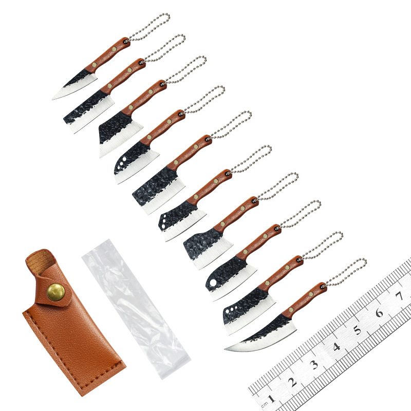 New mini knife, kitchen knife, express delivery knife, keychain hanging knife, colorful solid wood handle knife with leather case Item Picture