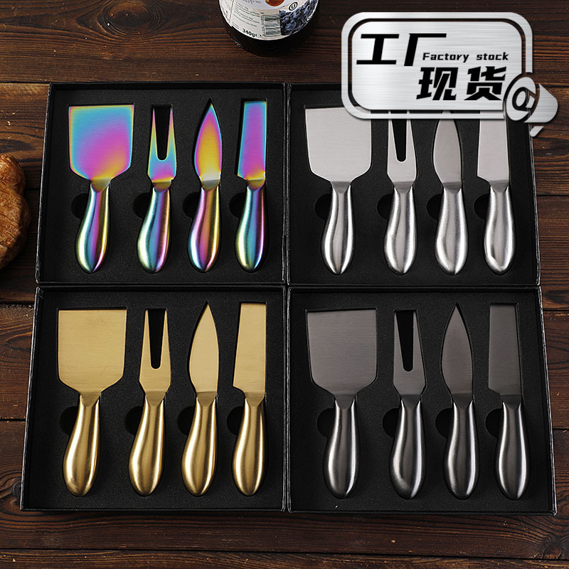 Cross-border in-stock hollow handle cheese knife 4-piece gift box set, stainless steel cheese knife, Western cuisine knife and fork full figure