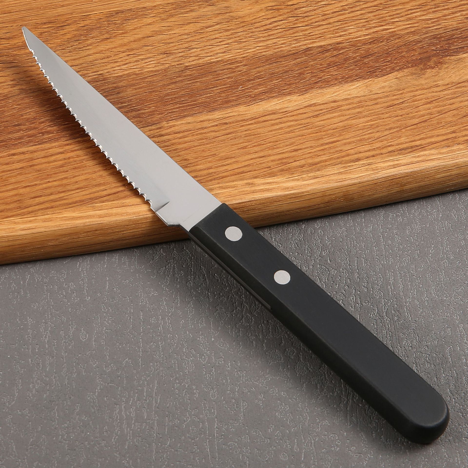 New kitchen tableware, stainless steel steak and Western tableware, black plastic handle steak knife, fork and spoon 3-piece set details Picture