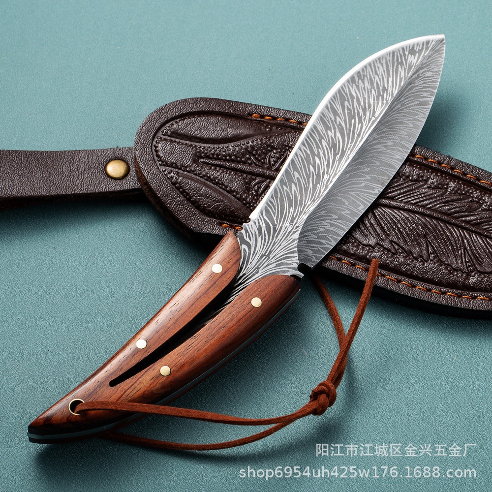 The new Lingyu Feather outdoor knife, a sharp, high-hardness, small straight knife from Yangjiang, is a wilderness survival knife with a handle and meat knife details Picture