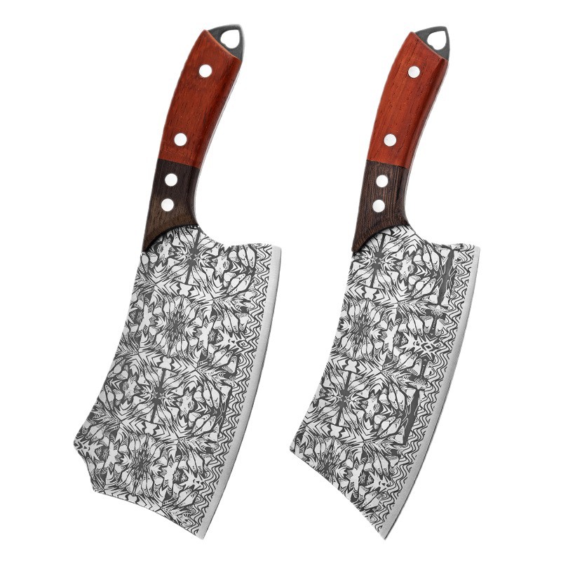 Handmade kitchen knives from the source factory, with sharp slicing and cutting edges, are used for cutting meat. They have a double-color handle with etched patterns and an integrated frame. They are dual-purpose knives Item Picture
