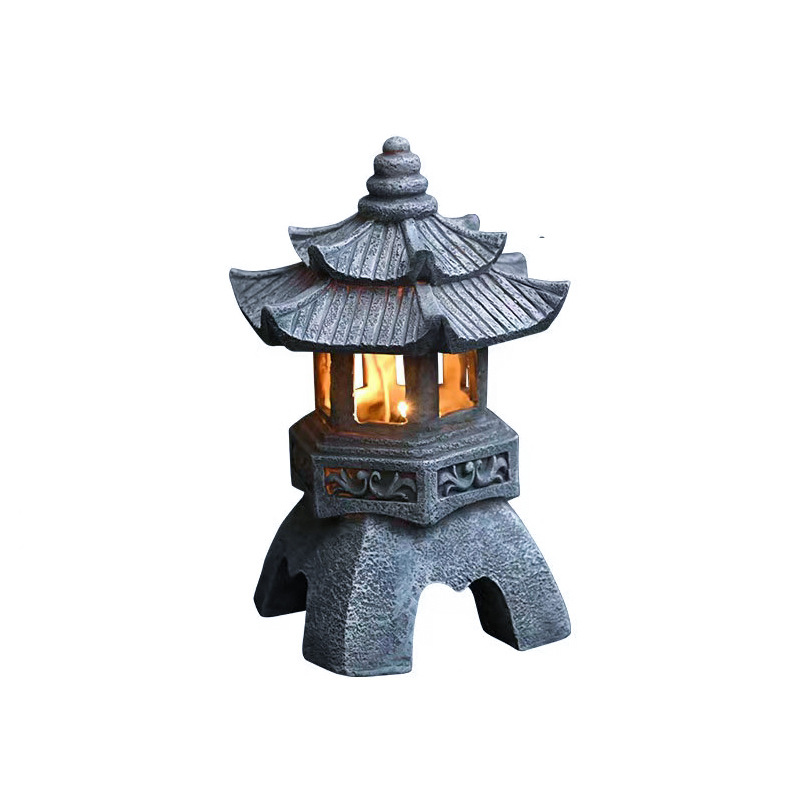 Outdoor solar-powered new Chinese-style palace lantern statue ornaments, outdoor Buddhist implements, Zen-inspired stone pagoda statues, resin handicrafts Item Picture