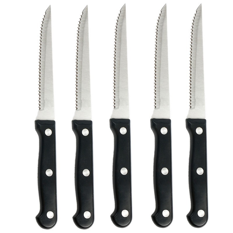 In stock: 4.5-inch stainless steel steak knife with pointed tip, plastic-handled serrated steak knife, hotel and household special dining knife full figure