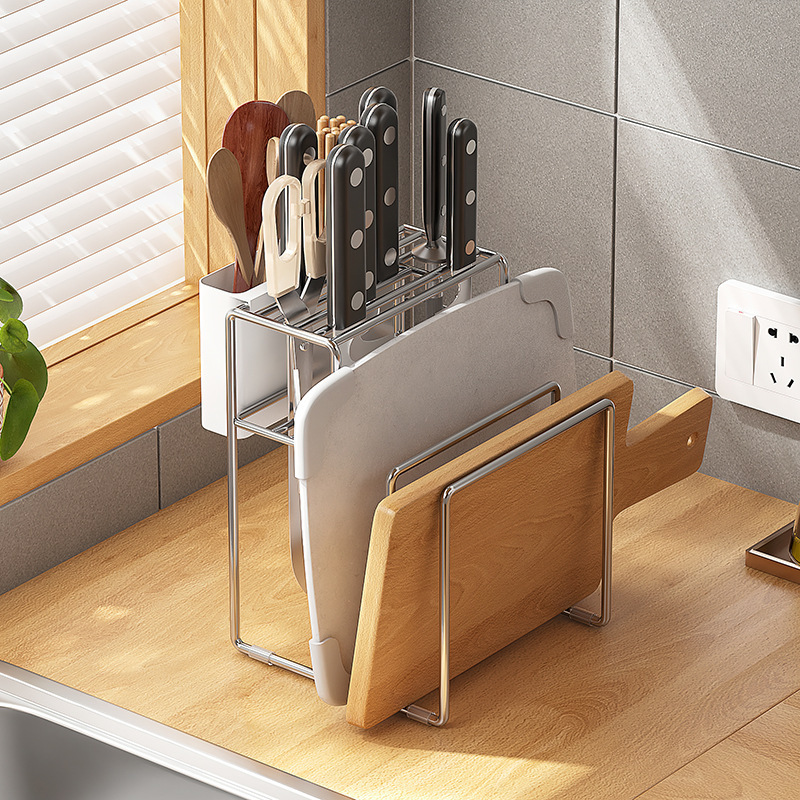 Wall-mounted stainless steel kitchen knife rack, integrated chopstick cage, kitchen knife rack, pot lid storage rack, knife and cutting board storage rack full figure