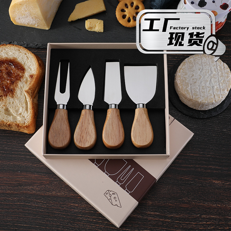 Factory shipment: Rubber wooden handle cheese tools, cheese knives, stainless steel cream and butter knives, cheese knife gift boxes full figure