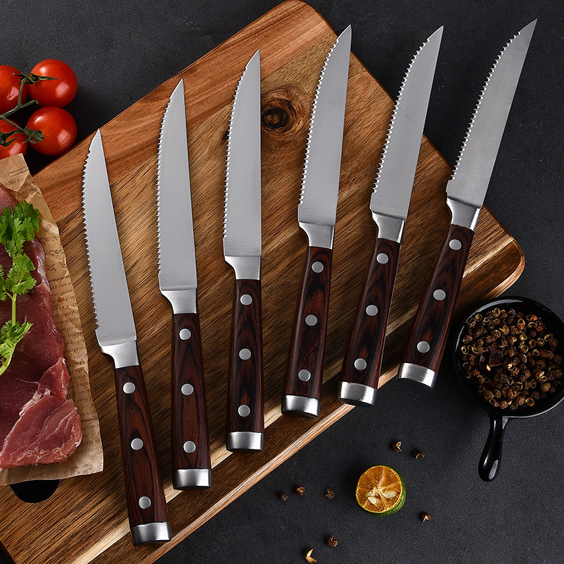 Foreign trade serrated steak knife, cross-border Western cuisine knife, steak cutting knife, colored wooden handle fruit knife, sharp knife manufacturer in stock details Picture