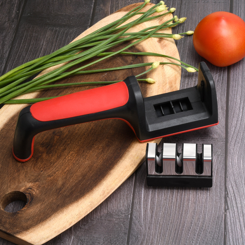Kitchen multi-functional three-slot knife sharpener, black and red three-stage rapid knife sharpener, tungsten steel ceramic whetstone details Picture
