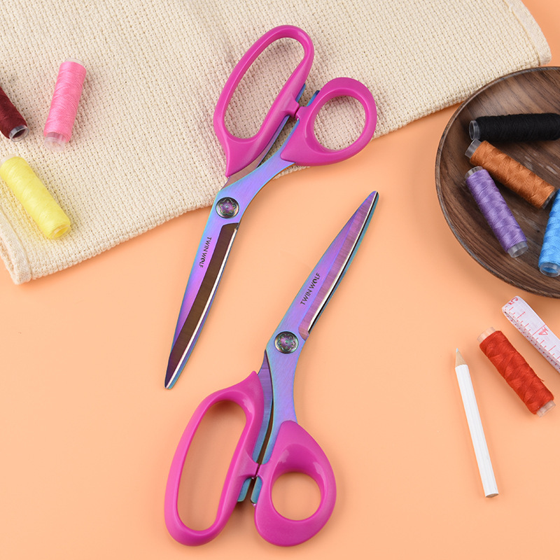 Household tailor's clothing scissors, thread sewing scissors, fabric cutting scissors, festive ribbon-cutting scissors, multi-purpose 9-inch color titanium scissors full figure