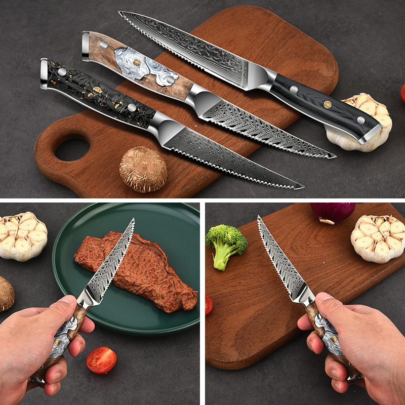 Factory direct supply 67th floor Damascus steel hotel Western cuisine steak knife kitchen fruit knife VG10 steak knife sharp Specification drawing
