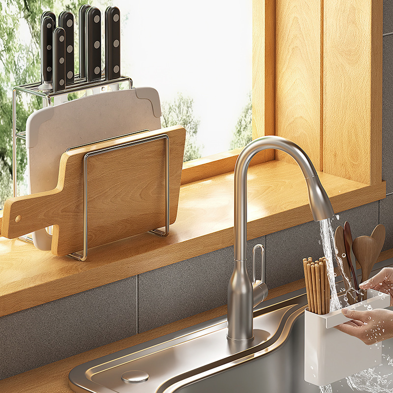 Wall-mounted stainless steel kitchen knife rack, integrated chopstick cage, kitchen knife rack, pot lid storage rack, knife and cutting board storage rack Application Scenario