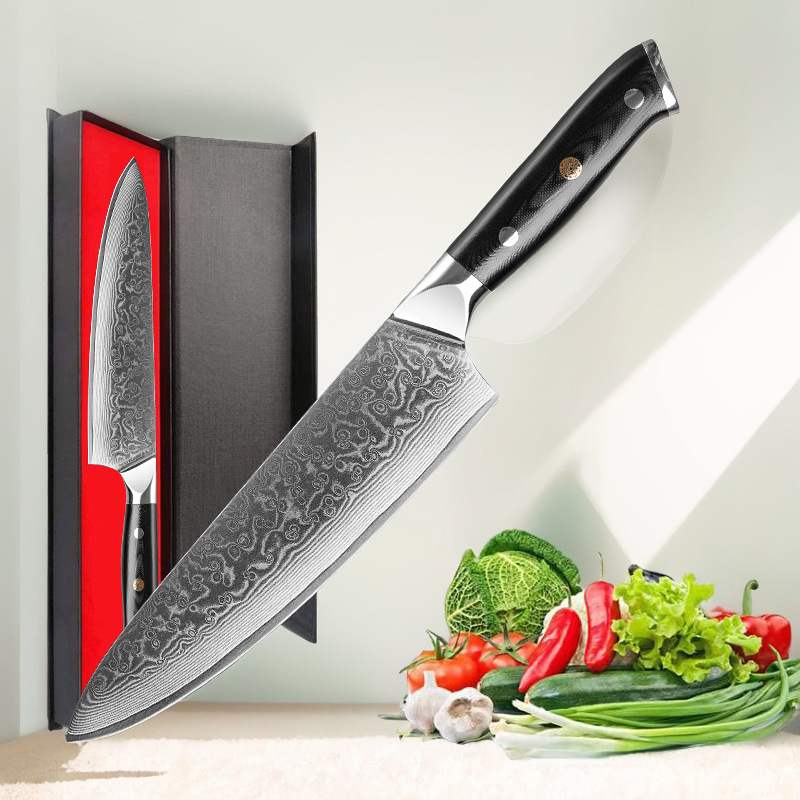 Household Damascus sharp small kitchen knife G10 handle for cutting meat and vegetables, chef's knife forged with hammer texture, kitchen knife full figure