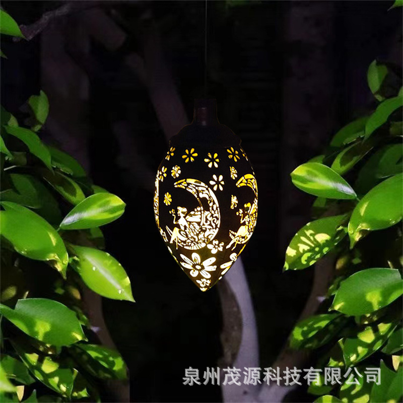 Ironwork waterproof solar lamps, water drop lamps, outdoor garden and courtyard landscape hollowed-out decorative projection lamps, lawn hanging lamps Specification drawing
