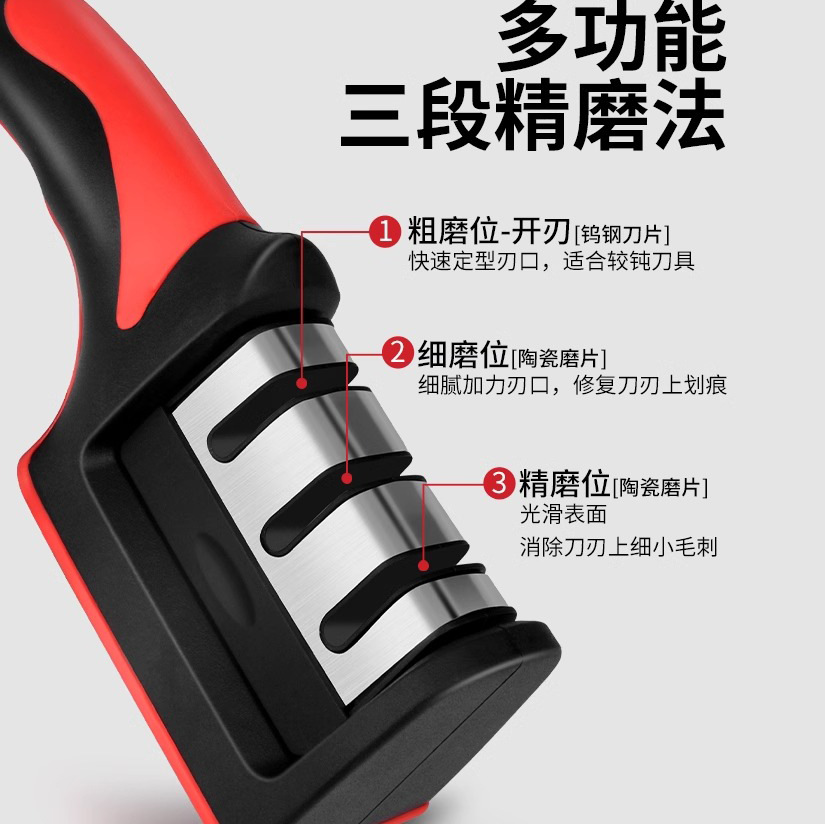 Quick whetstone, creative kitchen 3-section and 4-section knife sharpener, home multi-functional handheld three-in-one, black and red Specification drawing