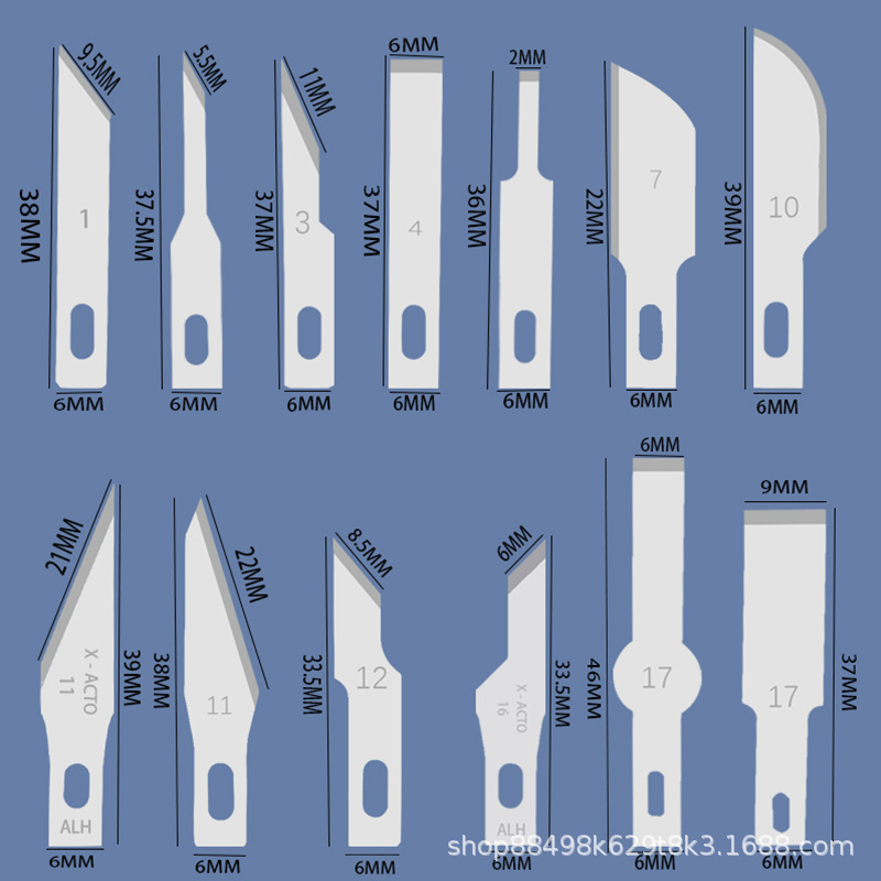 Engraving blades with pointed tips, No. 11 and No. 16, film application, paper-cutting, No. 4 and No. 17, flat tips, are specially designed for glue scraping and maintenance Item Picture