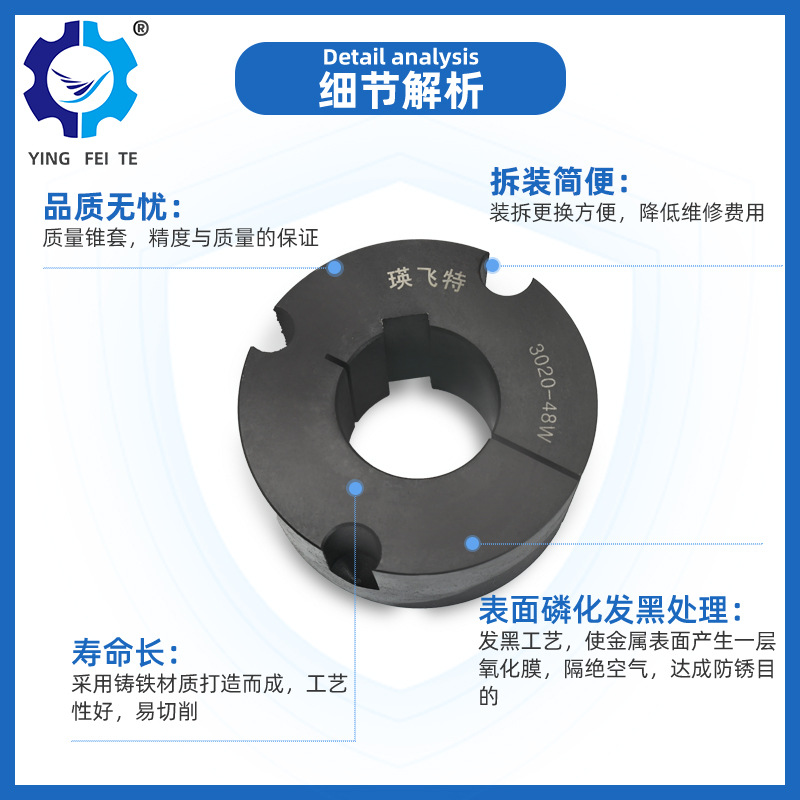 Factory stock 3020 type metric and imperial belt pulley lock cone sleeves, phosphated blackened cast iron European standard fastening sleeves details Picture