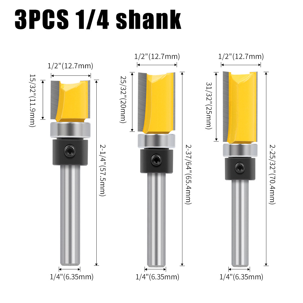 1/4 handle profiling bearing trimming knife, woodworking milling cutter, double-edge bearing straight knife lengthened undefined