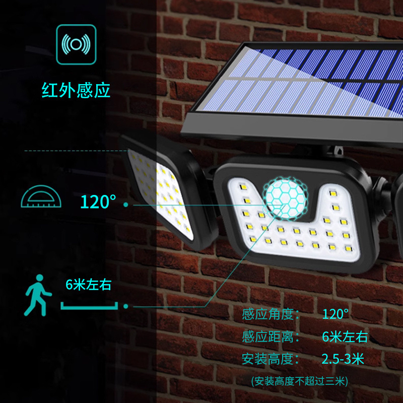 Solar lighting lamps, three-sided light-emitting multi-head sensor lamps, wireless street lamps, high-power rural courtyard lamps factory supply Specification drawing