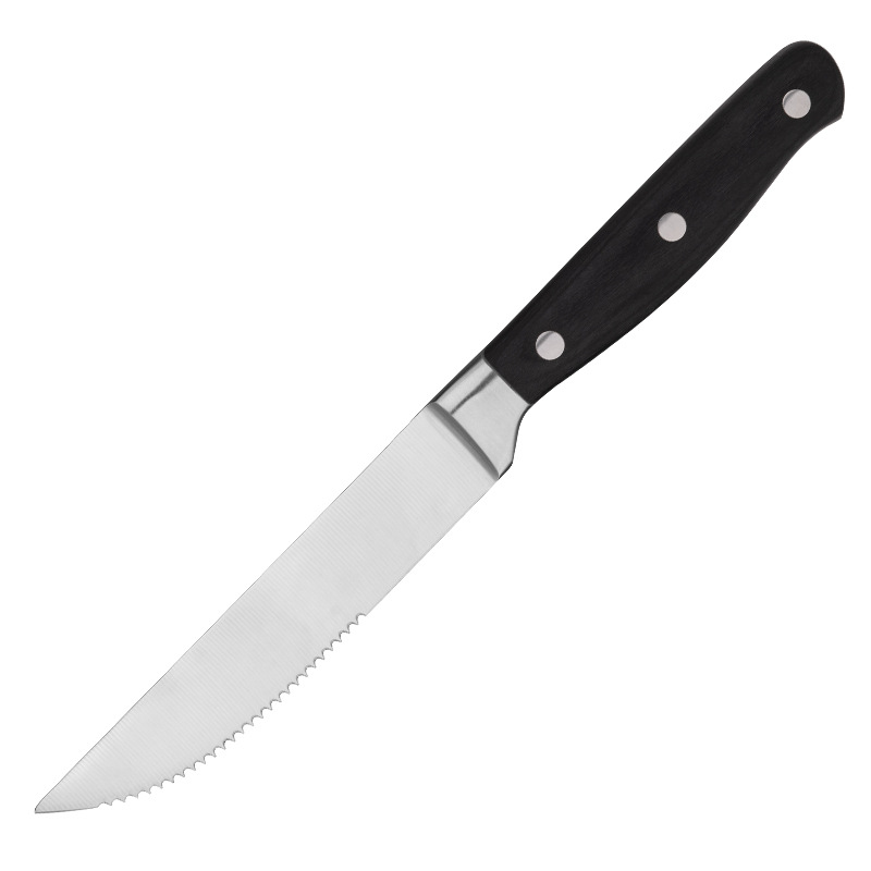 Single-steel head colored wood steak knife, stainless steel knife, serrated knife, steak knife, steel head set, plastic handle steak knife Item Picture