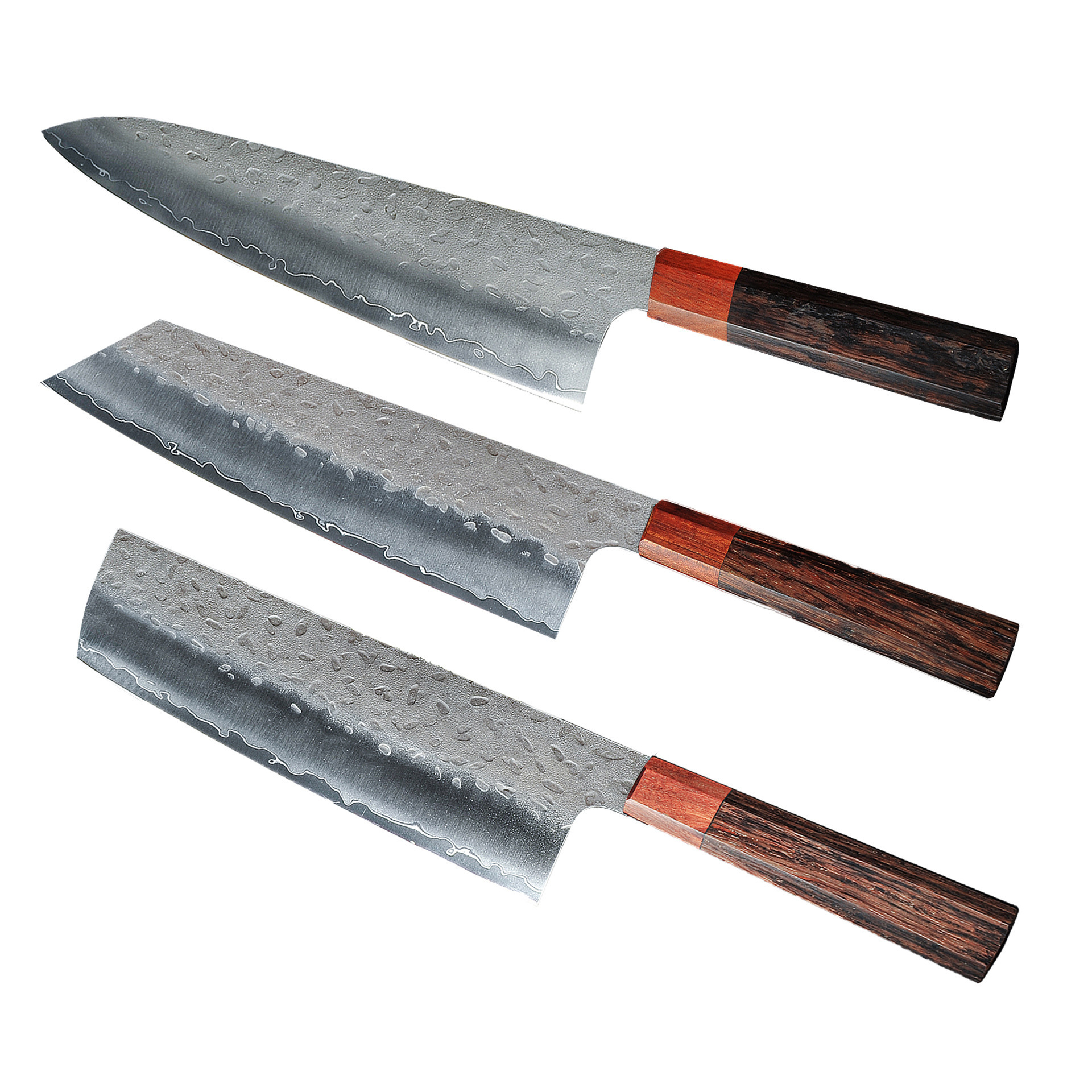 Japanese-style forged hammer pattern three-piece set octagonal handle chef's knife, cutting pair knife, kitchen knife, sushi cooking knife factory wholesale Item Picture