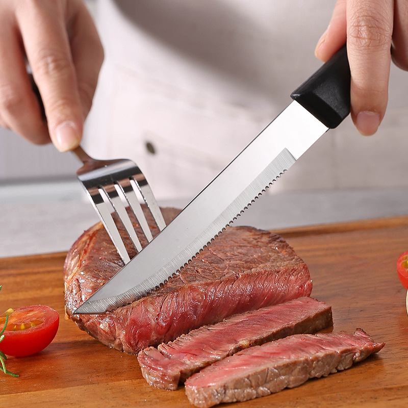 Amazon stainless steel kitchenware and tableware, black plastic handle, steak knife, fine serrated knife, steak knife, bread knife details Picture