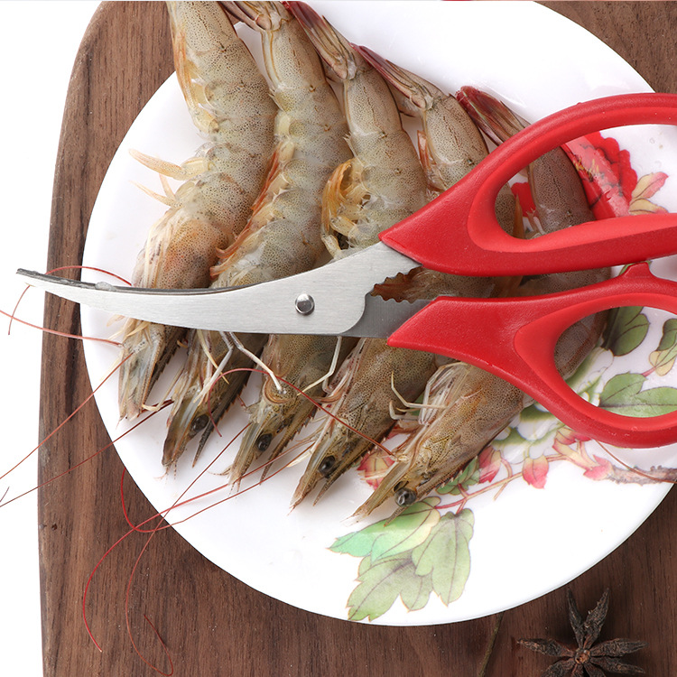Shrimp line scissors, seafood scissors, shrimp peeling and fish maw peeling scissors, kitchen stainless steel scissors, crayfish scissors in stock Application Scenario