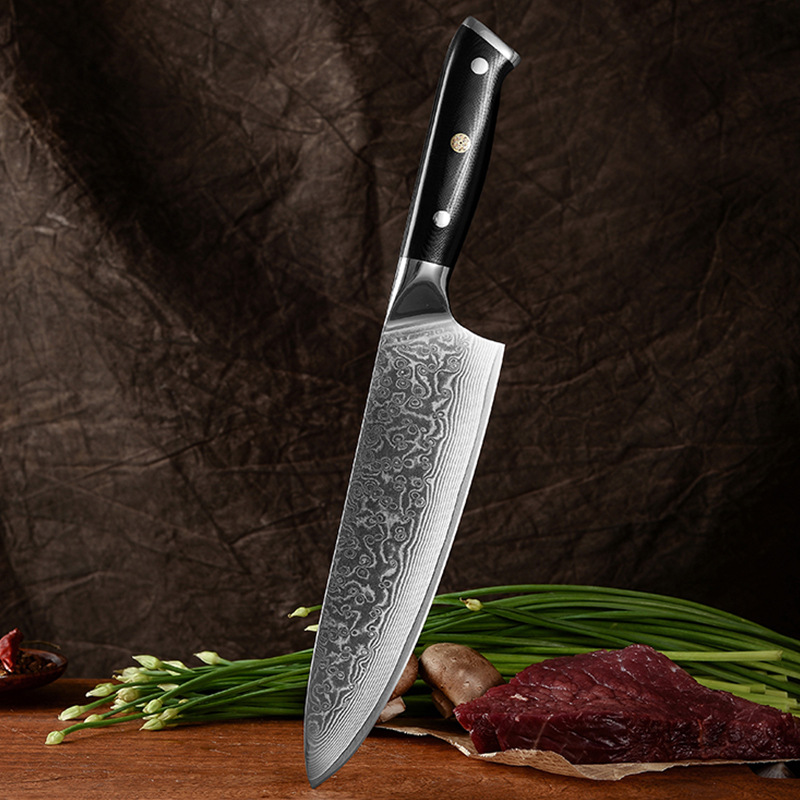 Household Damascus sharp small kitchen knife G10 handle for cutting meat and vegetables, chef's knife forged with hammer texture, kitchen knife Application Scenario