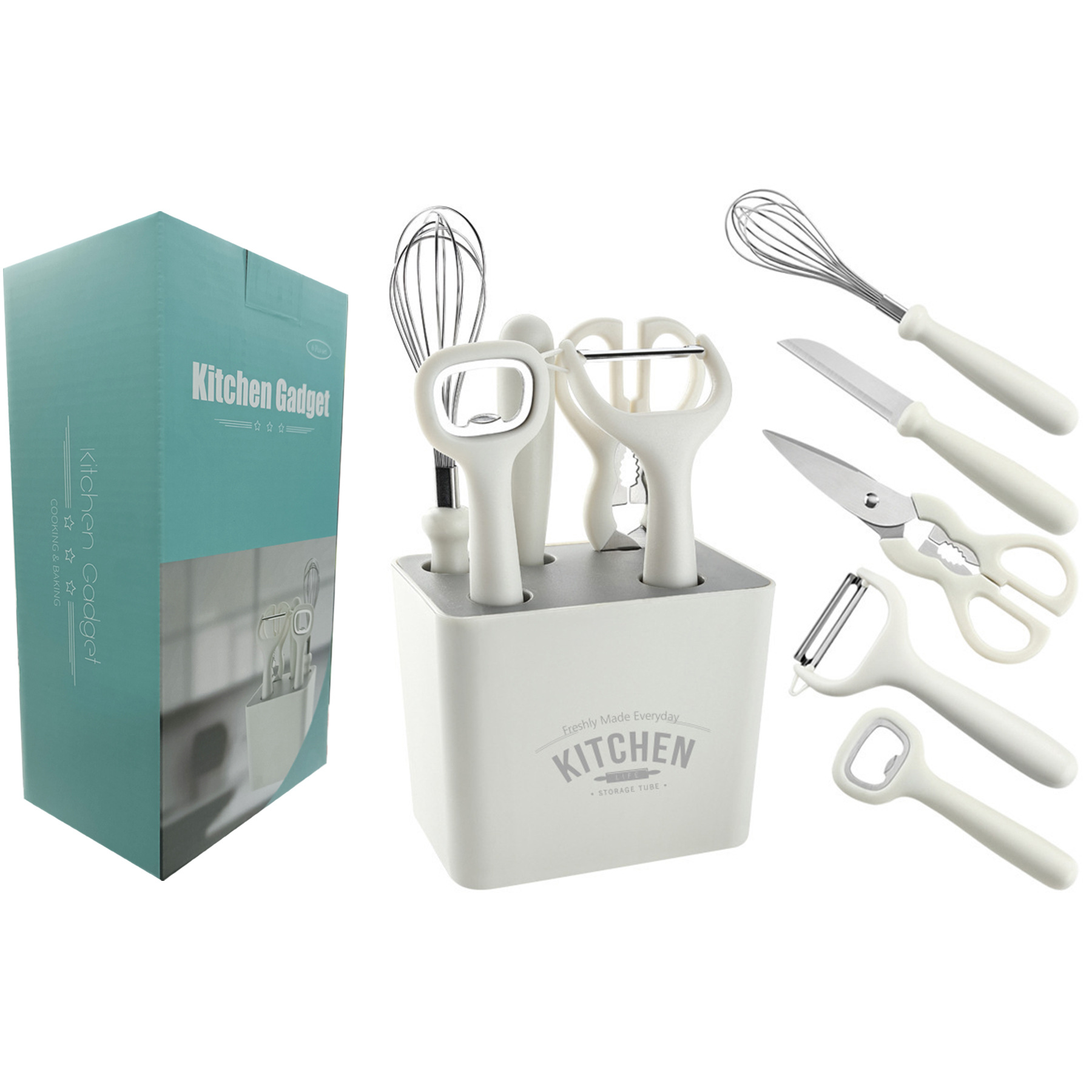 6-piece kitchen tool set: Fruit peeler set with storage stand, melon peeler, scissors, fruit knife, egg beater set full figure