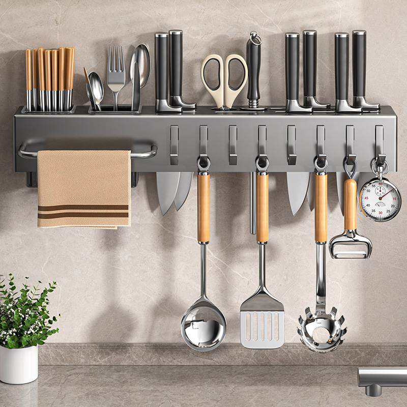 Non-drilling kitchen storage rack, wall-mounted multi-functional chopsticks and knives rack, detachable chopsticks, knives and kitchenware storage rack Application Scenario