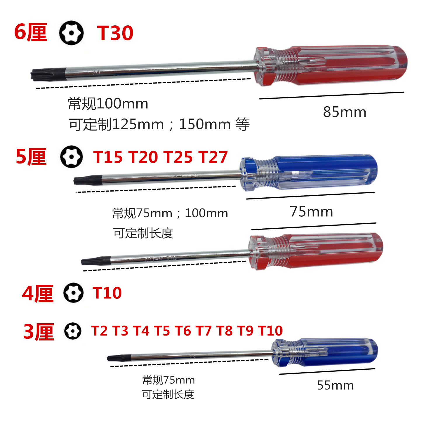 Manufacturer's plum blossom screwdriver, five-flower T3, T4, T5, T6, T8, T10, T15, T20, T25, T27, T30 Specification drawing