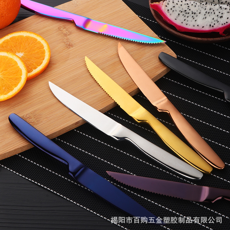 New stainless steel steak knife, hotel Western-style multi-purpose knife, titanium-coated colored metal fruit knife in stock for wholesale details Picture