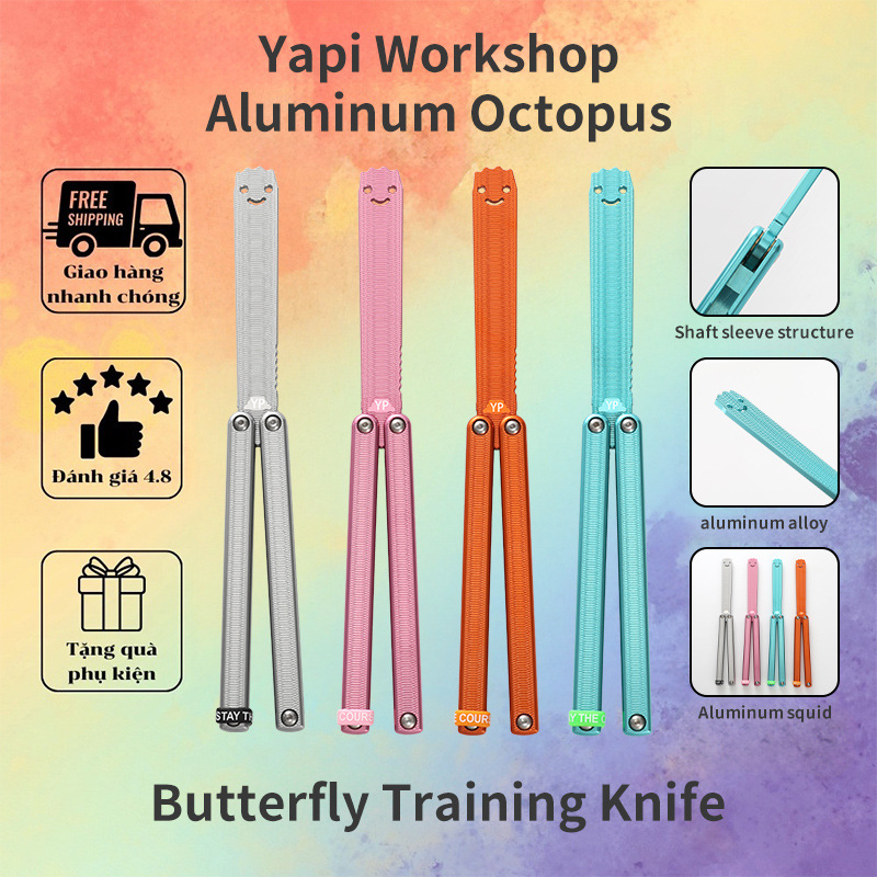 Yapi Workshop Glossy aluminum squid Butterfly Knife, 7 series Aluminum Practice blade, Training knife, Folding knife, swinging knife, smiling face full figure