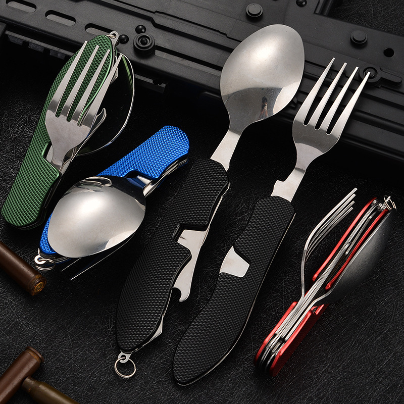 A variety of portable foldable and storable stainless steel knives, forks, spoons, outdoor multi-purpose camping tableware and creative picnic tools full figure
