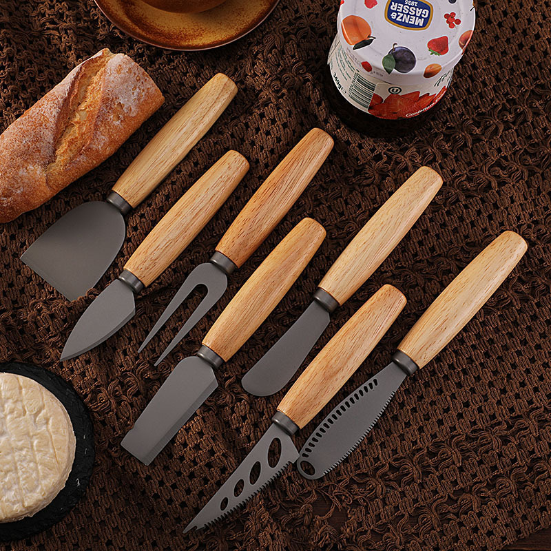 Factory stock rubber wooden handle cheese knife set, three-piece set, stainless steel tableware, cream spatula, titanium-coated cheese knife Application Scenario