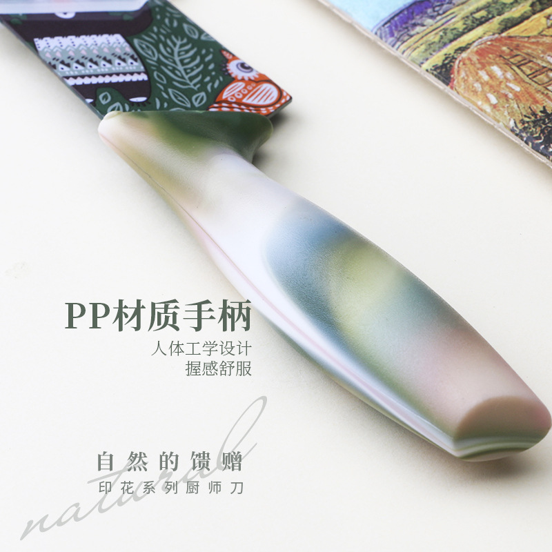 Printed small kitchen knife, household stainless steel chef knife, kitchen-specific cooking knife, ladies' special complementary food chef knife Application Scenario