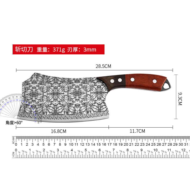 Handmade kitchen knives from the source factory, with sharp slicing and cutting edges, are used for cutting meat. They have a double-color handle with etched patterns and an integrated frame. They are dual-purpose knives Application Scenario