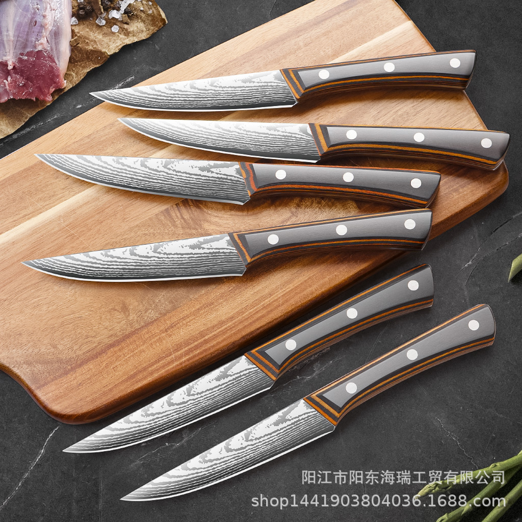 A 5-inch steak knife with a square handle made of colored wood, specifically designed for home use in restaurants. It is sharp and lightweight, and can be used in kitchens for cutting vegetables and meat across borders details Picture