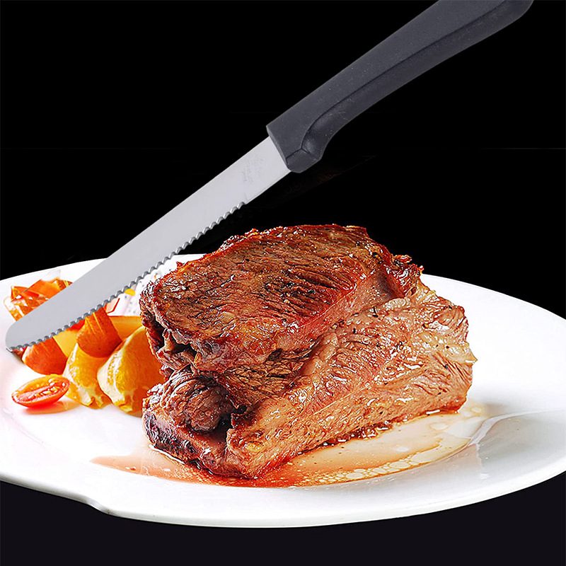 Factory direct sales of steak knives, pointed steak knives, round table knives, black plastic-handled multi-purpose knives, and kitchen knife covers Specification drawing