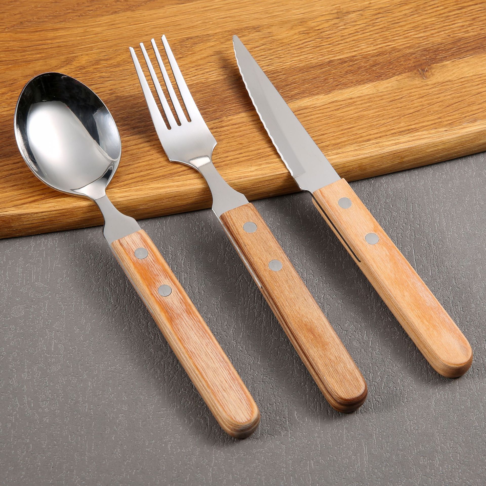 In stock: Stainless steel handle tableware, knife, fork and spoon three-piece set, hotel steak knife, new wooden handle steak knife and fork, Western-style full figure