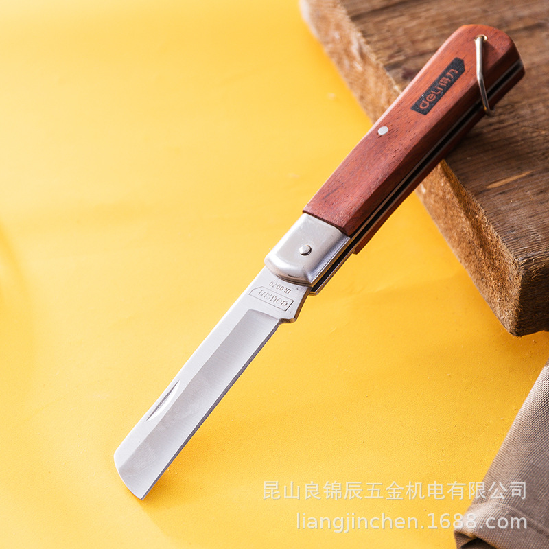 Deli Tools Wooden handle curved straight mouth electrician knife, multi-functional peeling, stripping and folding knife for electricians DL0060 70 Specification drawing