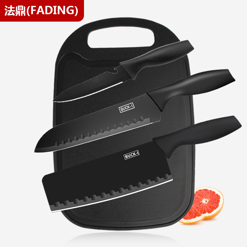 German black steel knife set, kitchen knife and cutting board two-in-one household stainless steel kitchenware, auxiliary food and fruit knife Application Scenario