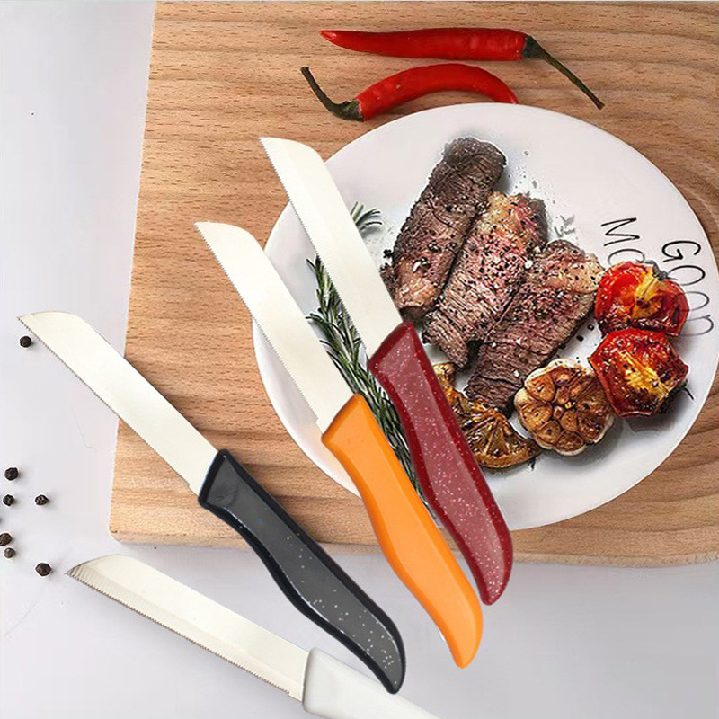 Factory wholesale of four-color steak knives, stainless steel steak knives, fruit peel knives, fruit knives and household barbecue knives in stock full figure