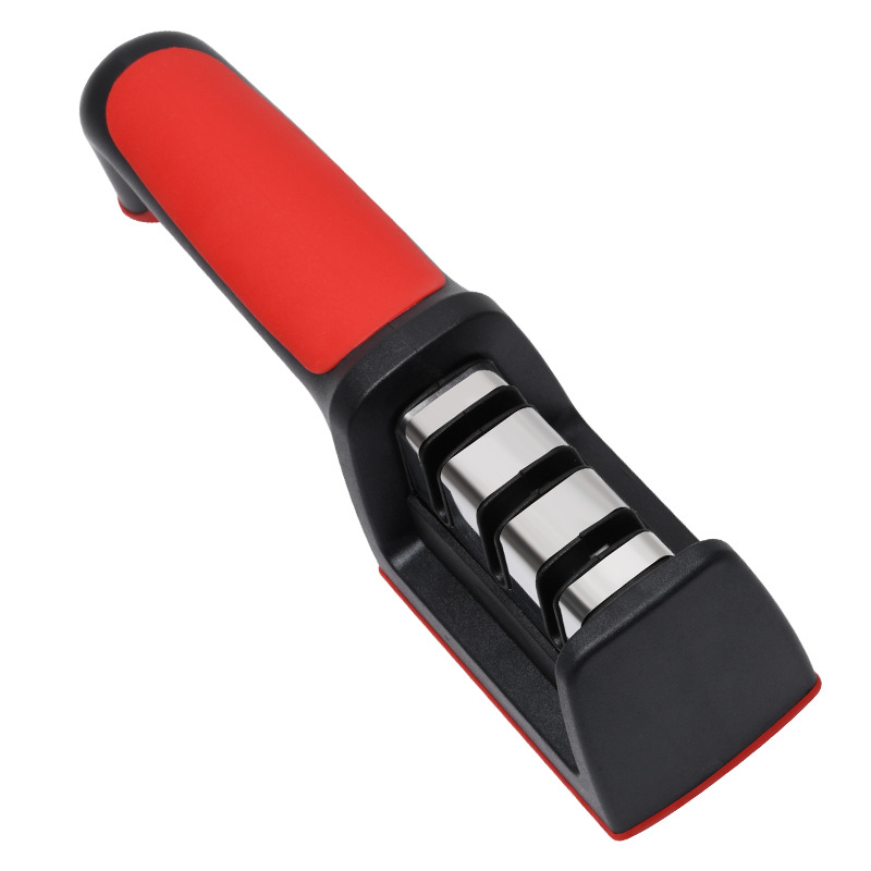 Kitchen multi-functional three-slot knife sharpener, black and red three-stage rapid knife sharpener, tungsten steel ceramic whetstone Item Picture