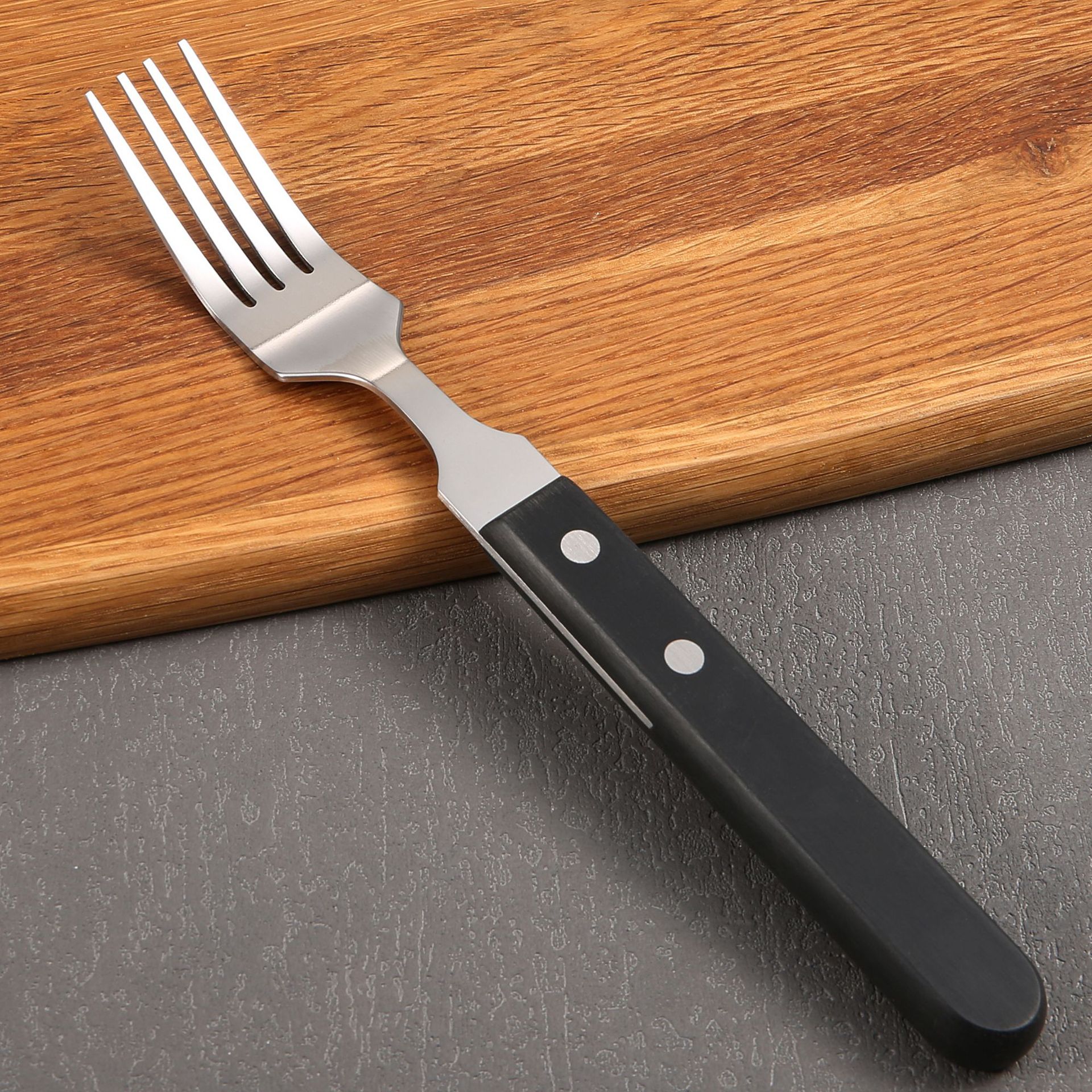 New kitchen tableware, stainless steel steak and Western tableware, black plastic handle steak knife, fork and spoon 3-piece set Specification drawing