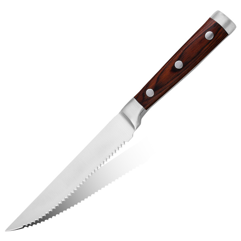 Foreign trade serrated steak knife, cross-border Western cuisine knife, steak cutting knife, colored wooden handle fruit knife, sharp knife manufacturer in stock Item Picture