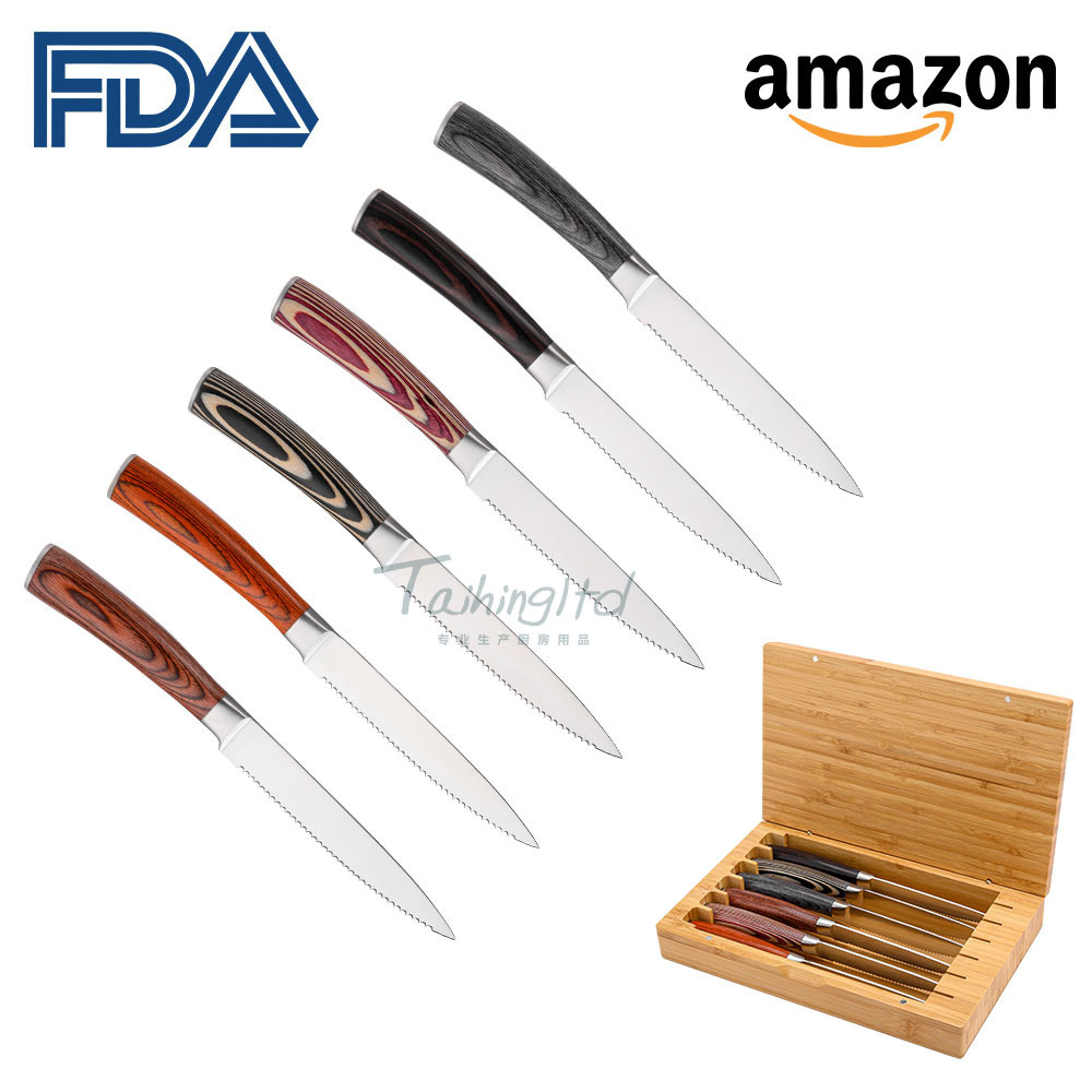 New multi-color wooden steak knife, stainless steel steak knife, Pakka Wood Western cuisine knife and fork with teeth Application Scenario