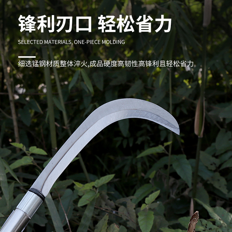 Sickle, grass cutter, agricultural tool, extended handle, sickle, grass cutter, manual firewood cutting, pruning, firewood cutting frame, tree cutting Specification drawing