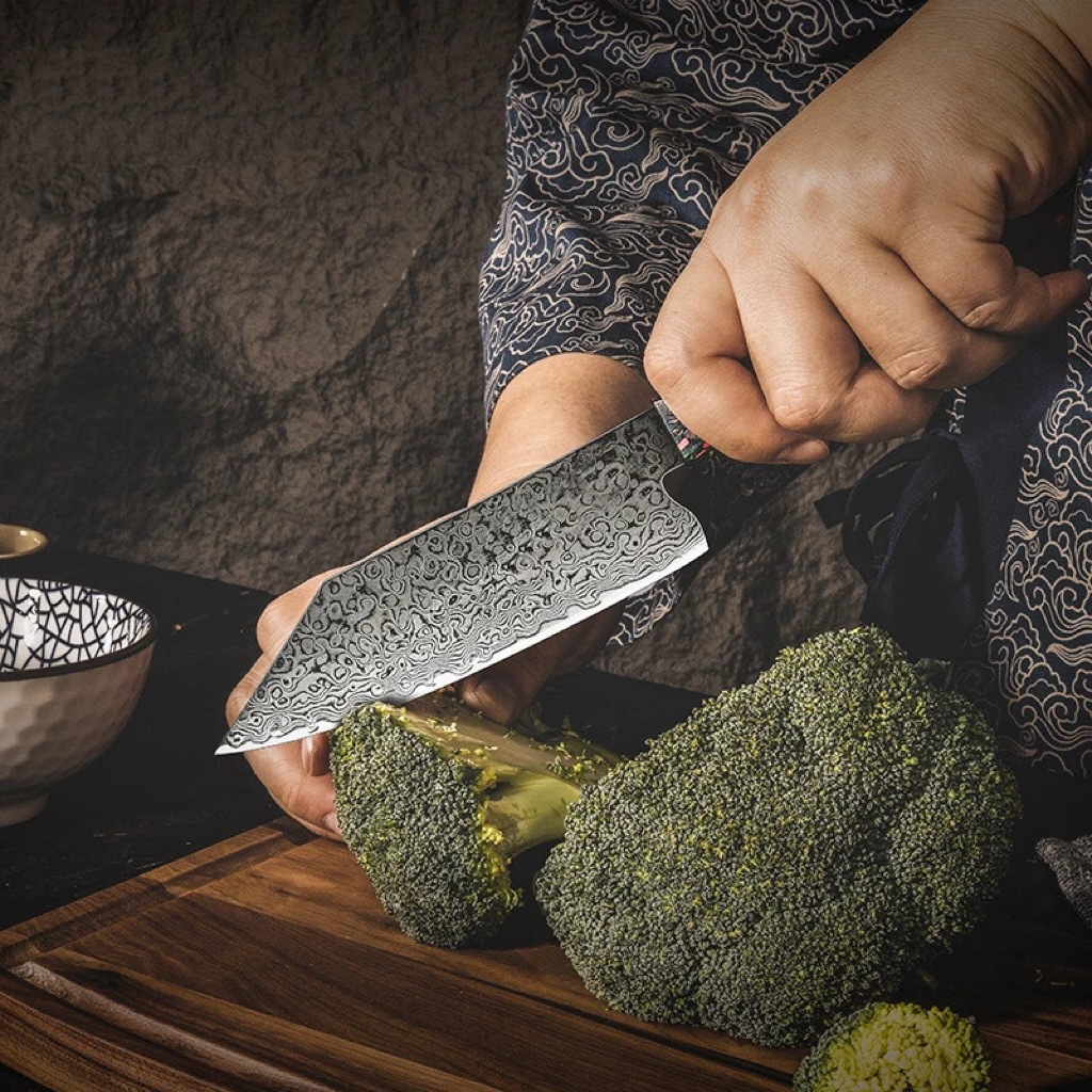 Cross-border Damascus steel for foreign trade, Japanese Santoku knives, kitchen knives, chef knives, cutting knives, and household slicing, AUS10 steel details Picture