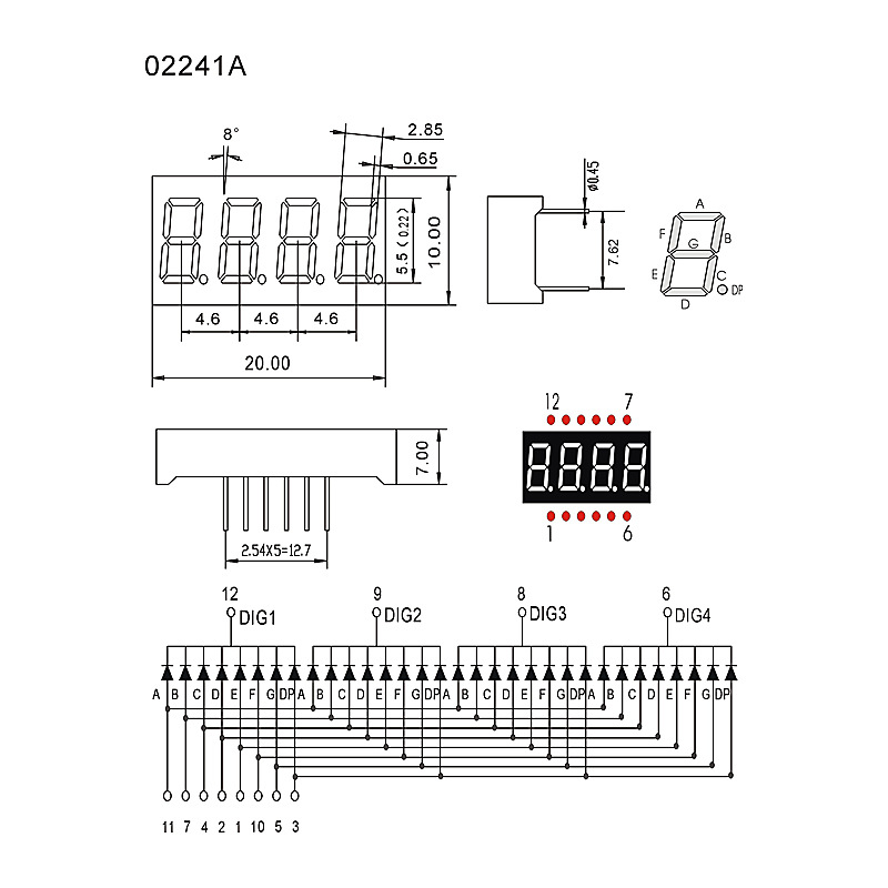 0.2-inch small 4-digit digital tube LED_server, panel display _JM-F02241A-B line in various colors Item Picture